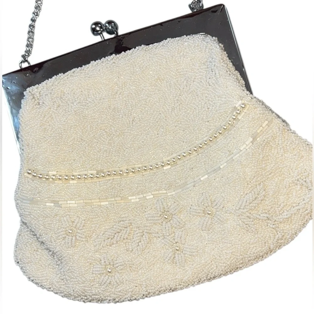 Vintage Bridal Chic Cream Beaded Clutch with Silver Accents Seed Pearls
